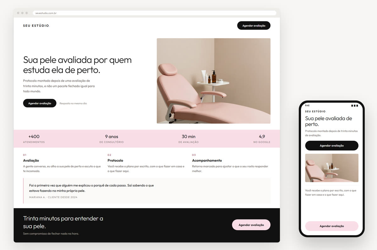 Uma página única aberta no computador e no celular, com o mesmo botão repetido do topo ao fim.