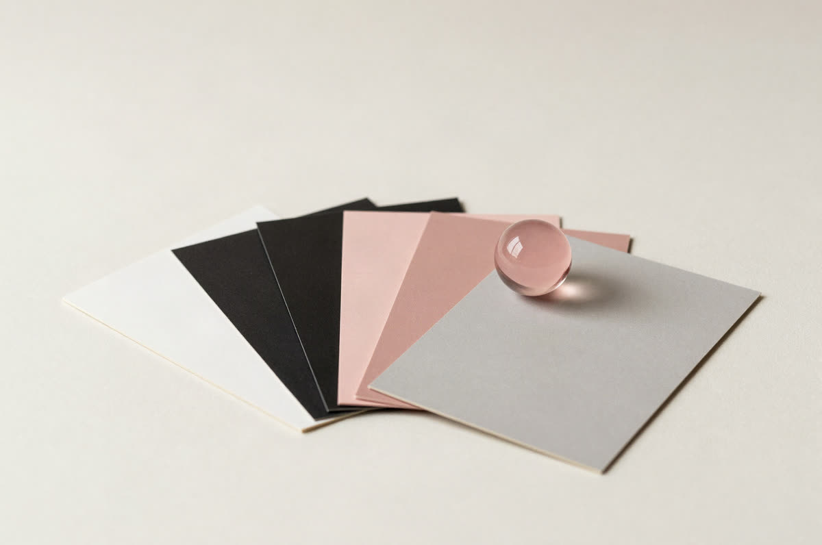 Amostras de papel nas cores da marca, em leque, com uma esfera de vidro rosa sobre elas.